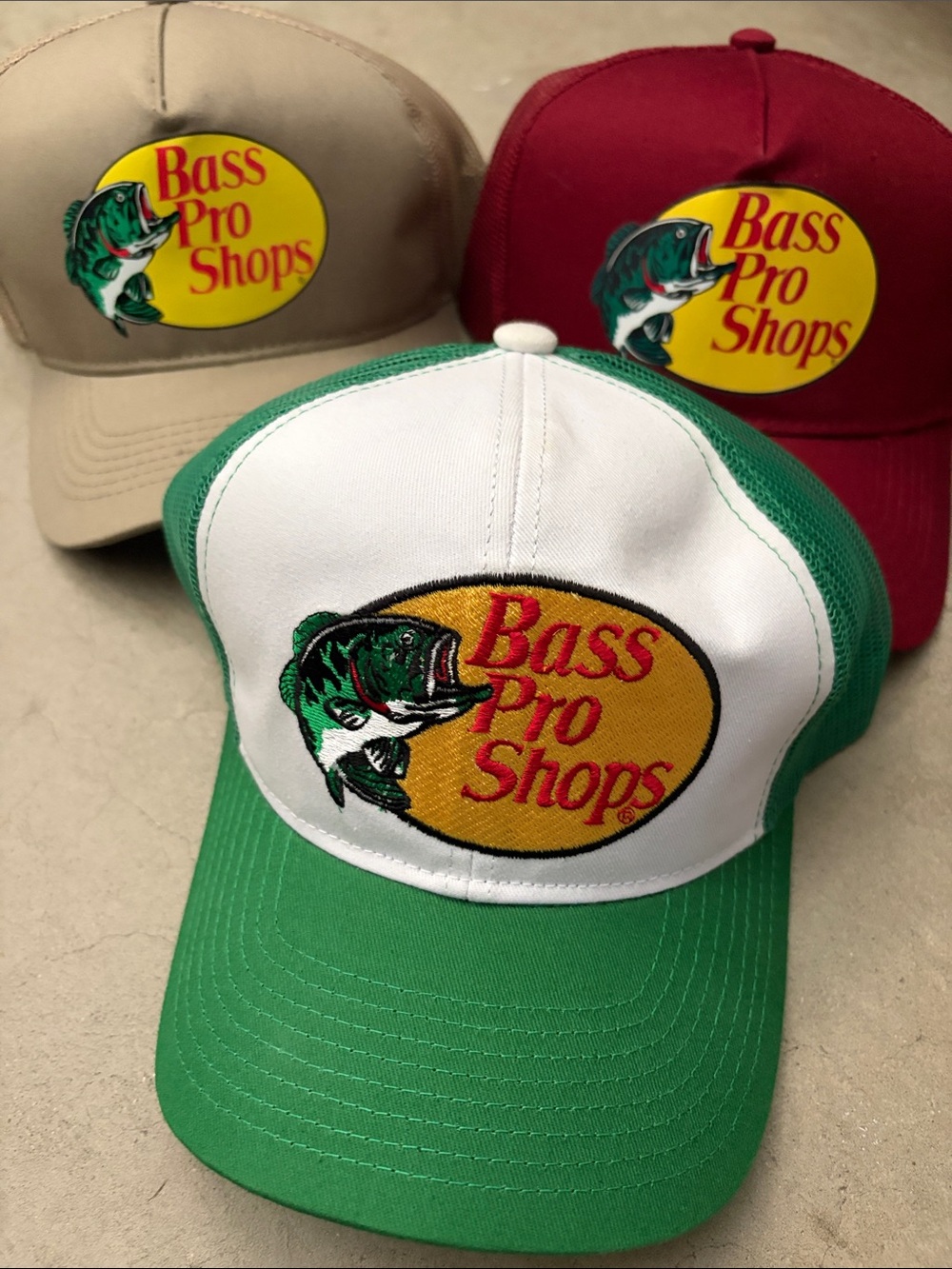Bass Pro Shops Green and White, Maroon, and Tan Trucker Hat Trio Set